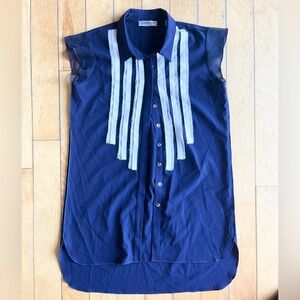 Patrizia Luca Milano Blue Sleeveless Button-Up White Stripes Blouse Size Small